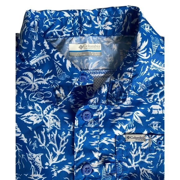 Columbia PFG Boys Shirt M 10/12 Blue White Tropical Print Button Front - Picture 2 of 4
